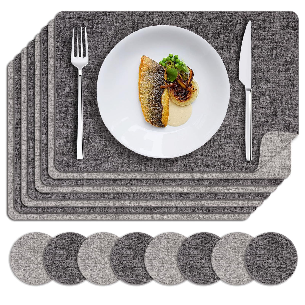 MOSAYT Placemats Set of 8, Heat Resistant Vinyl Place Mats with Coasters, Wipeable Washable 100% Waterproof Oil Proof Faux Leather Table Mats for Kitchen Dining Party Outdoor, 12" x 17", Orange