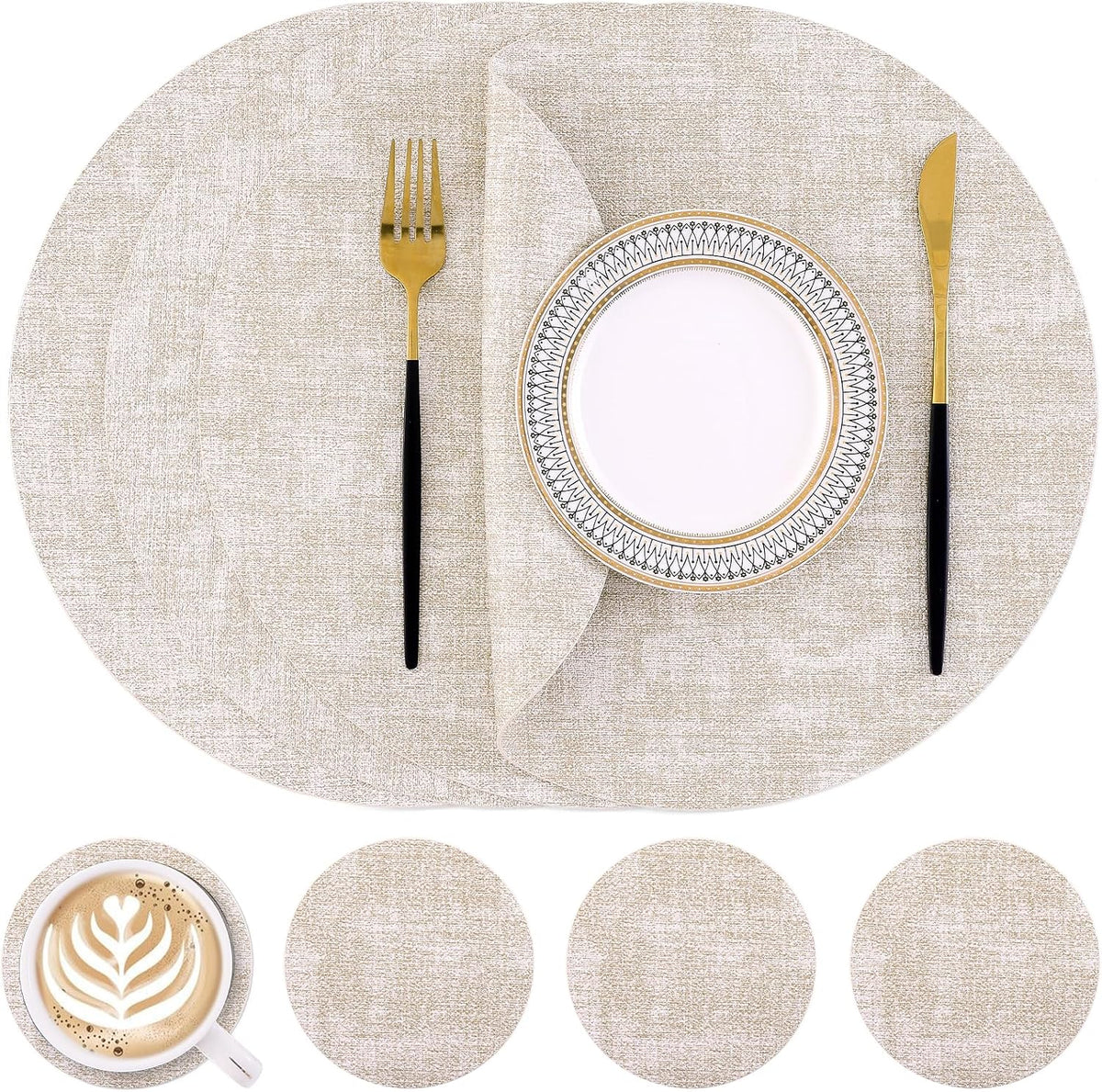 Homaxy Round Faux Leather Placemats and Coasters, Set of 4, Beige