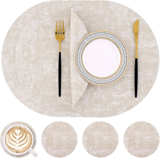 Homaxy Round Faux Leather Placemats and Coasters, Set of 4, Beige