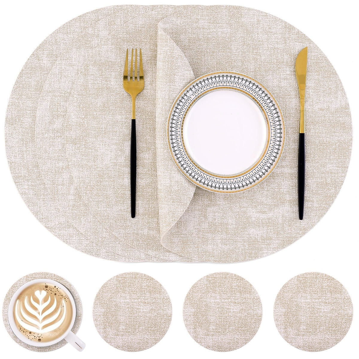Homaxy Round Faux Leather Placemats and Coasters, Set of 6, Beige