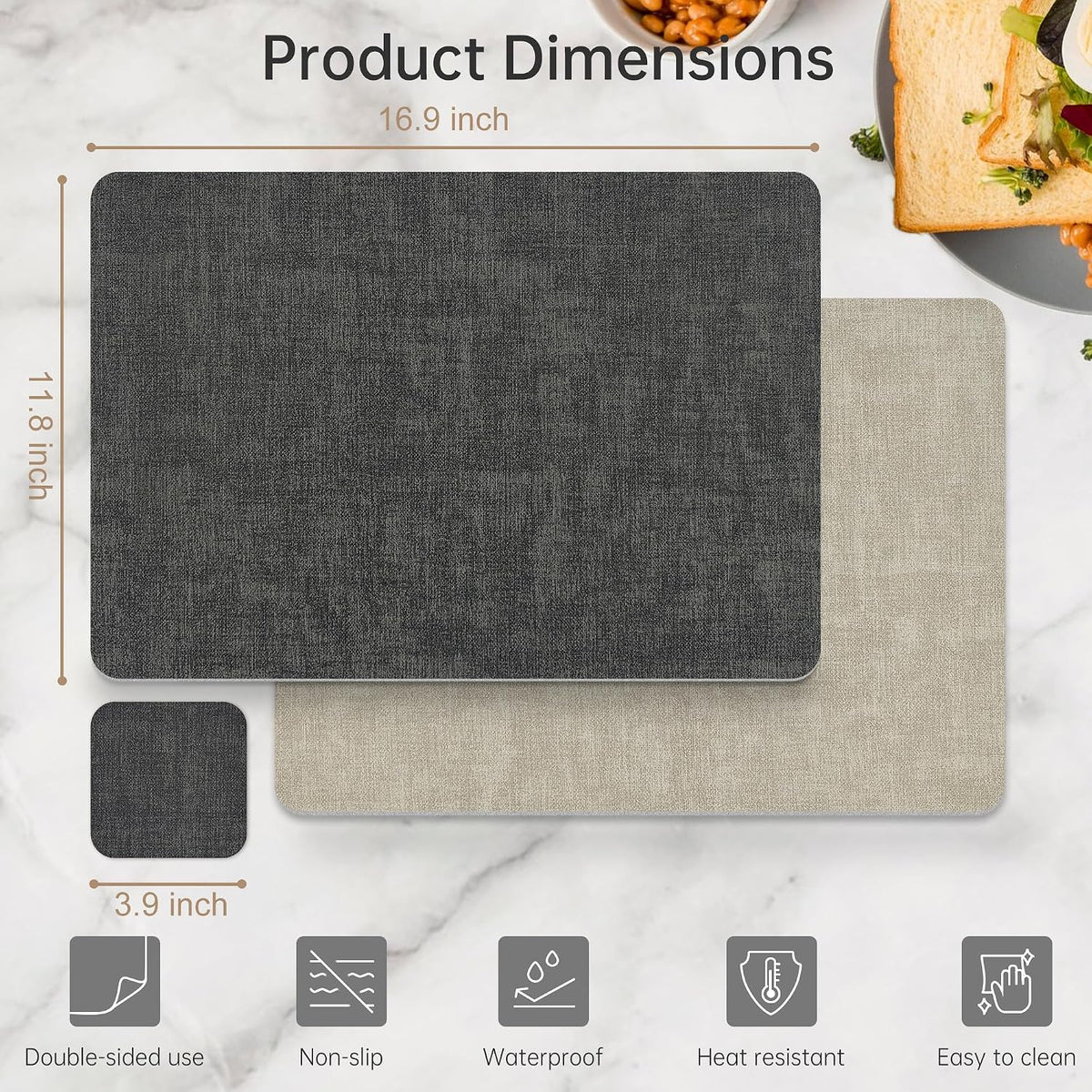 KitchenBoss Placemats Set and Coasters Set of 6, Anti-Slip Dining Table Mats, Wipeable Waterproof Heat Resistant Double-Sided Place Mats for Dining Tables and Desks, Dark Grey (Beige and Dark Gray)