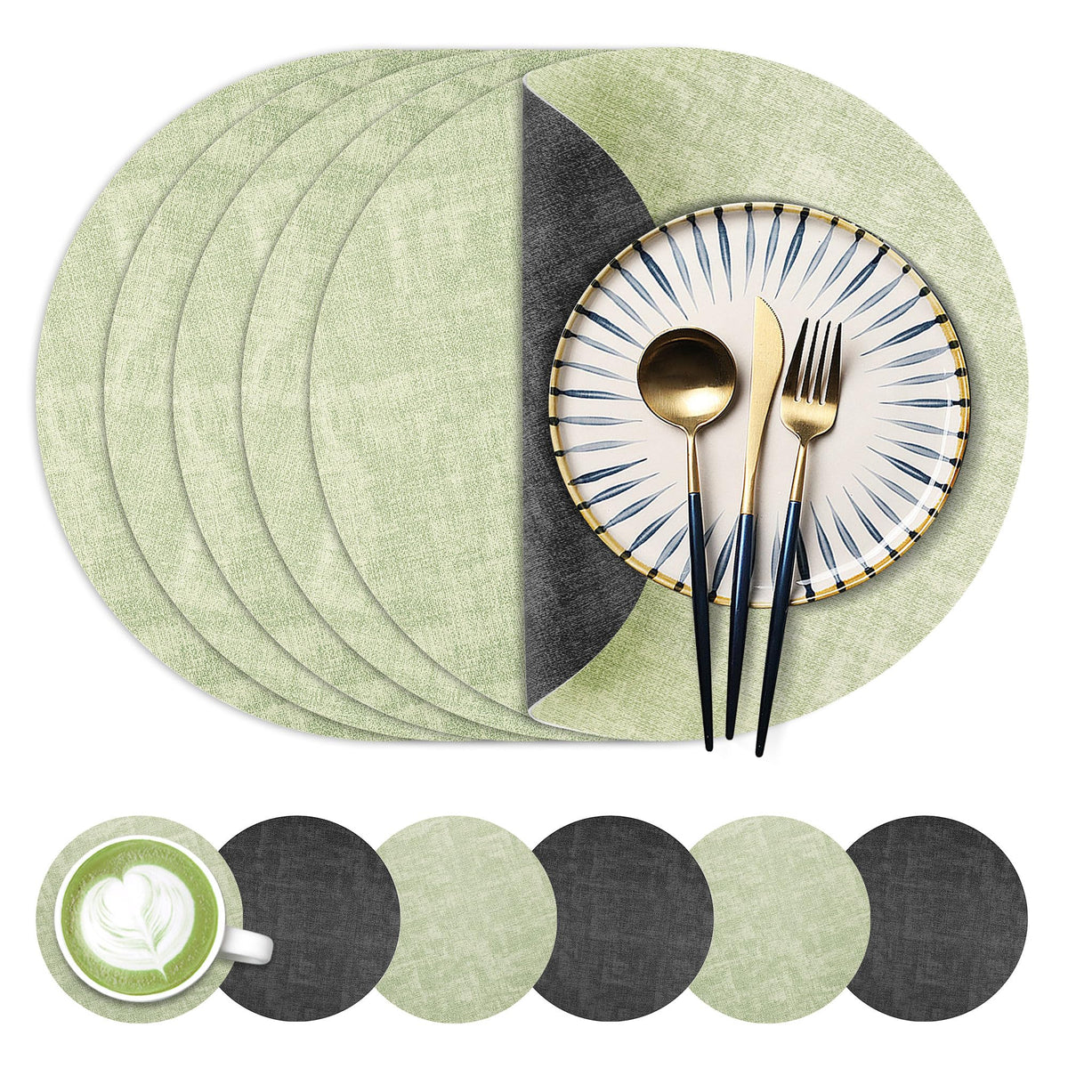 Fyvva Placemats Set of 6, 13" Round Reversible Faux Leather with Coasters