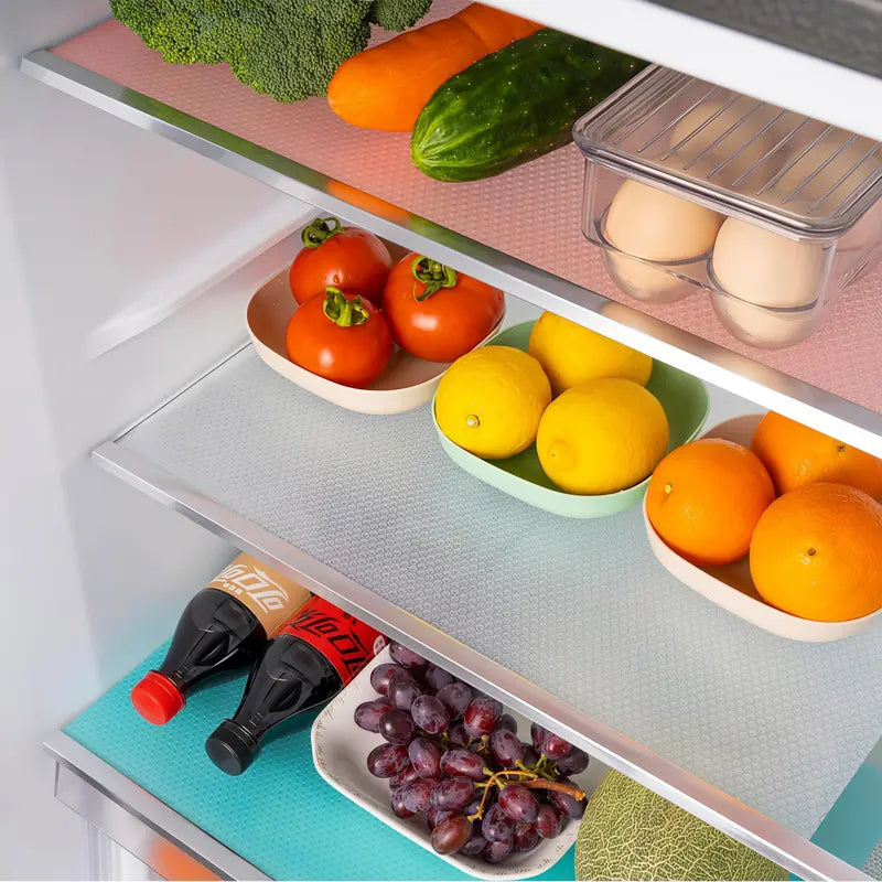 LMMAKE 4PCS Fridge & Drawer Storage Mats Heat-Resistant EVA Plastic Washable Patterned Design Multi-Purpose for Cabinets Fridge & Kitchen Durable Plastic Mats with Feature Easy to Clean Protect Surfaces from Spills Stains & Scratches Coasters Blue