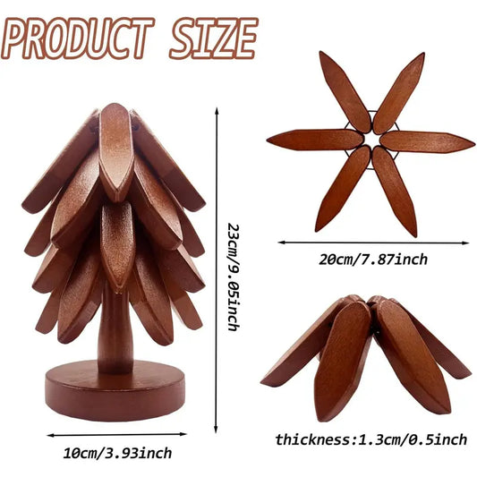 Wooden Trivets for Hot Dishes, Tree Shape Trivet Set, 4 Wooden Trivets + 1 Stand, Stackable Christmas Tree Design, Natural Foldable Kitchen Wooden Trivet, for Pans, Pot, Bowl, Teapot, Hot Pot Holder