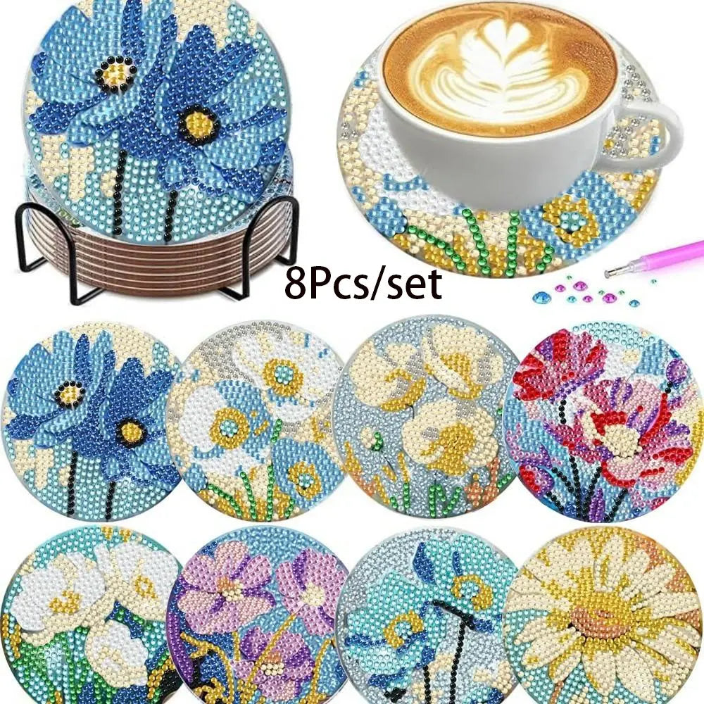 8 pieces/set of diamond art painting coasters with brackets, DIY flower patterned diamond art coasters, suitable for adults and beginners, diamond set craft supplies, gifts for friends, Coasters For Drinks, Cup coasters