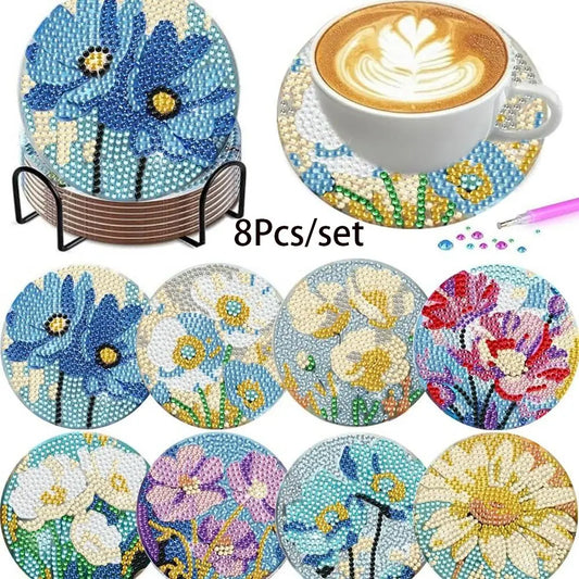 8 pieces/set of diamond art painting coasters with brackets, DIY flower patterned diamond art coasters, suitable for adults and beginners, diamond set craft supplies, gifts for friends, Coasters For Drinks, Cup coasters