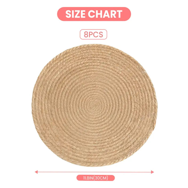 Handmade Round Boho Rattan Placemats Set of 8 - 12in Natural Braided Tableware with Handmade Texture, Heat Buffer Layer, Heat-Resistant, Eco-Friendly Round & Rustic Placemats & Coasters with Boho Braided Look for Kitchen, Patio Dining Tables