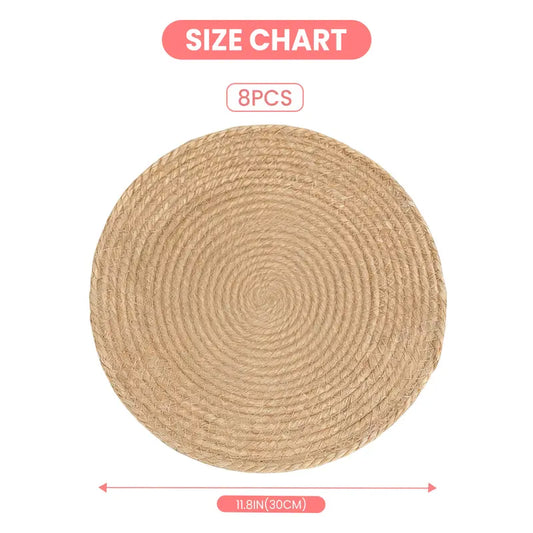 Handmade Round Boho Rattan Placemats Set of 8 - 12in Natural Braided Tableware with Handmade Texture, Heat Buffer Layer, Heat-Resistant, Eco-Friendly Round & Rustic Placemats & Coasters with Boho Braided Look for Kitchen, Patio Dining Tables