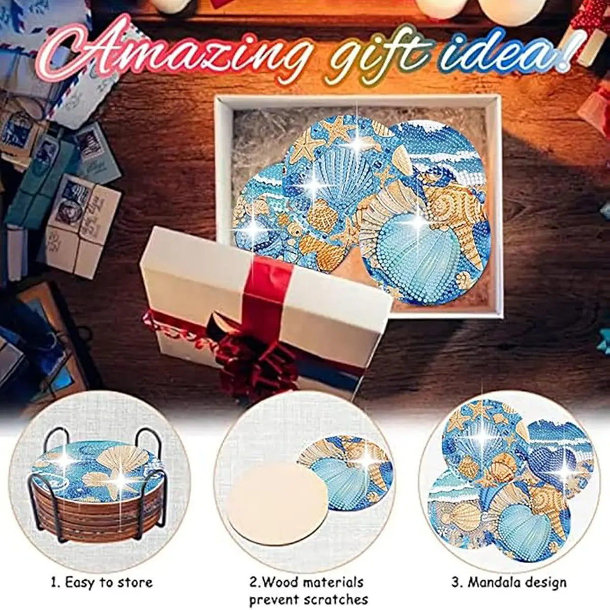 8-Piece Diamond Art Coaster Set with Stand, DIY Ocean Series Pattern, Suitable for Adults and Beginners, Perfect Gift for Friends