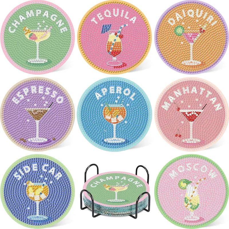 8-Pcs 5D Diamond Art Coasters DIY Kit - Retro Cup & Cocktail Coasters with Holder, Tray & Tableware for Adult Crafters, Countertops Gift Option, Cup Coasters