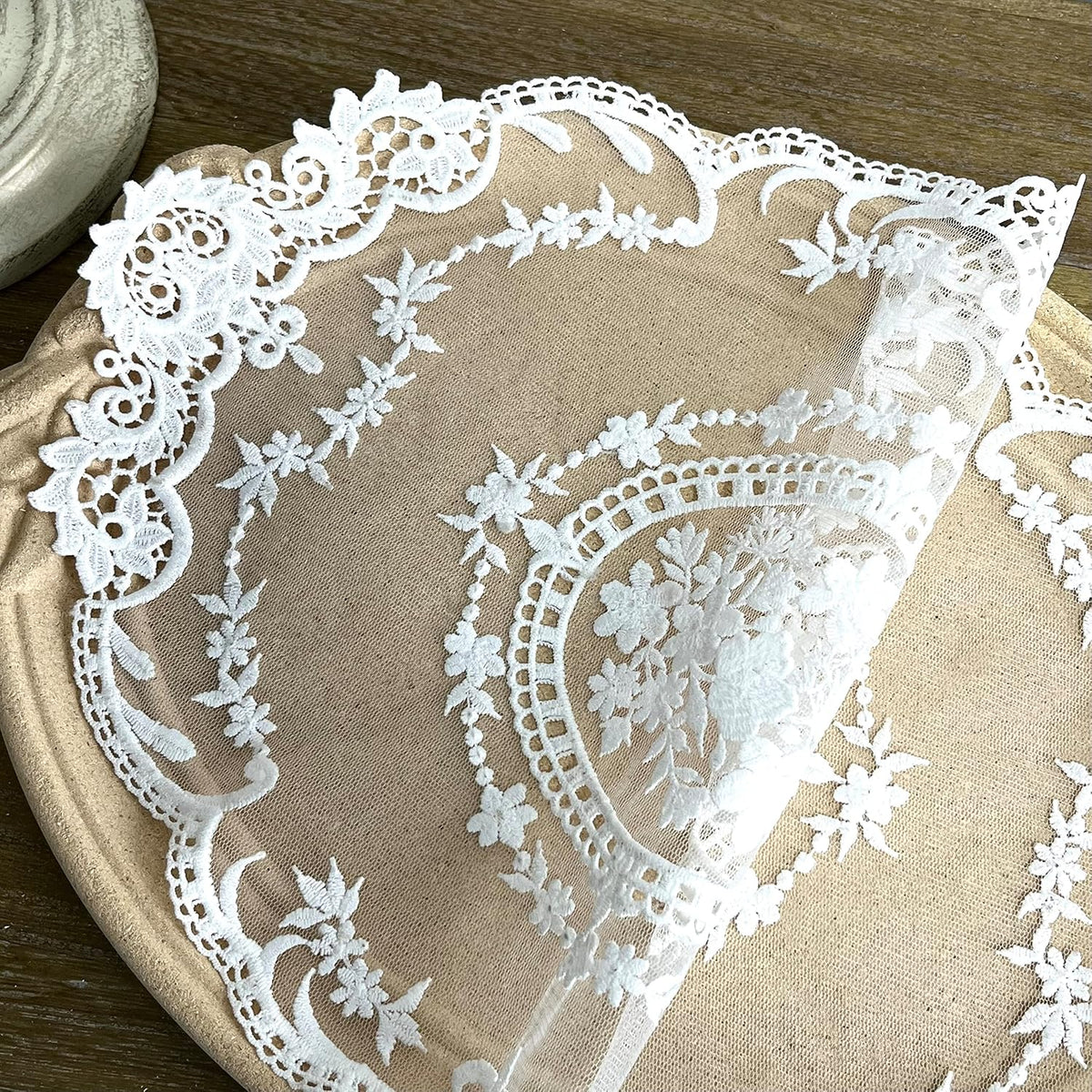 2PACK Retro French Style Lace Placemats Farmhouse Lace Doilies Embroidered Cup Mat vase mat 16.5”x11.6”,White (2)