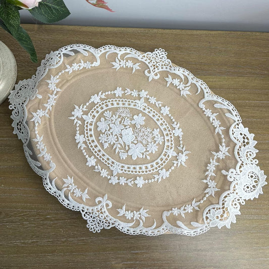2PACK Retro French Style Lace Placemats Farmhouse Lace Doilies Embroidered Cup Mat vase mat 16.5”x11.6”,White (2)
