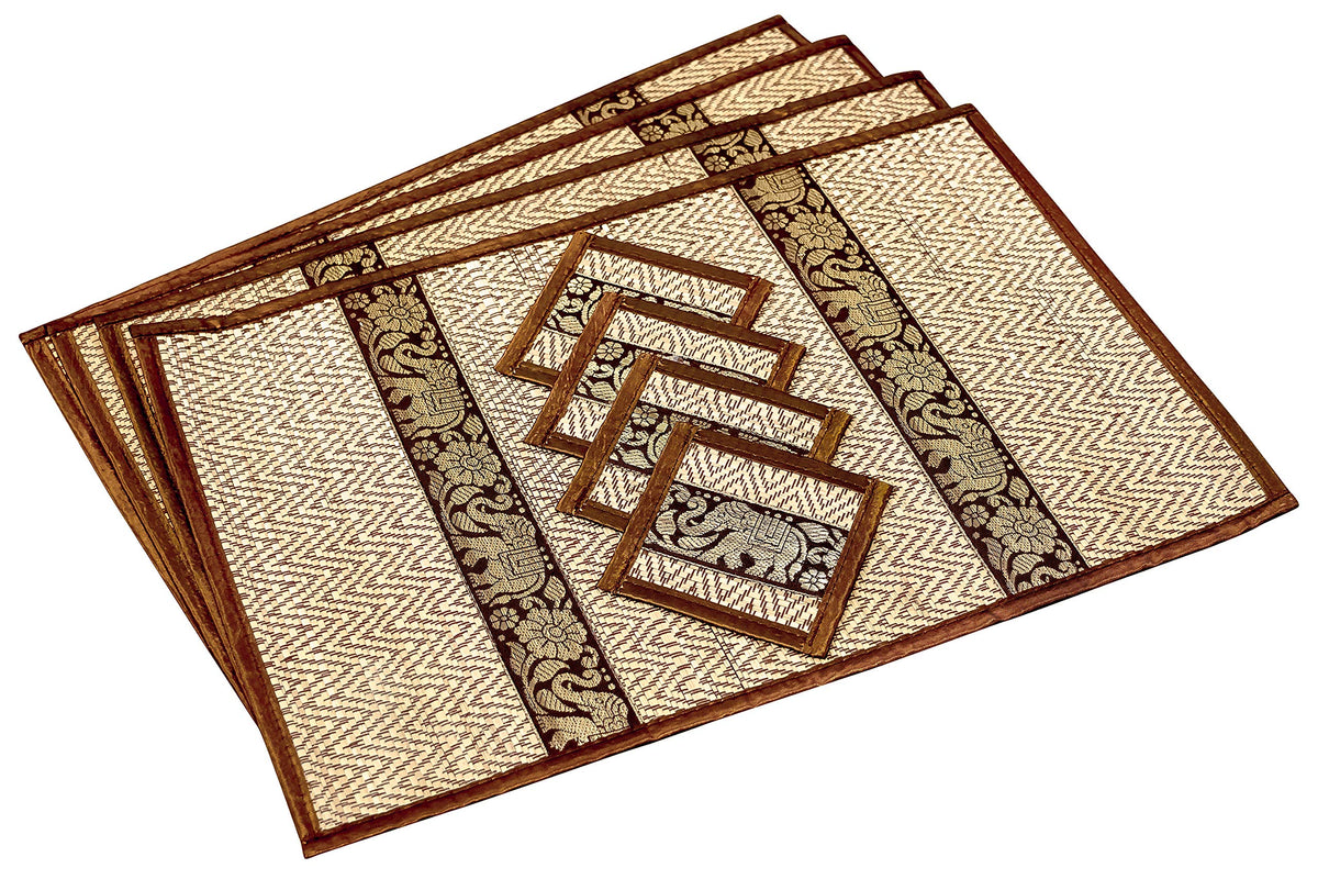 Hand-Woven Wicker Reed Placemats Coaster Set Alternative to Plastic Heat Resistant + Eco-Friendly Thai Style Durable Placemats, Available in 3 Different Sizes for Dining Table Set of 4