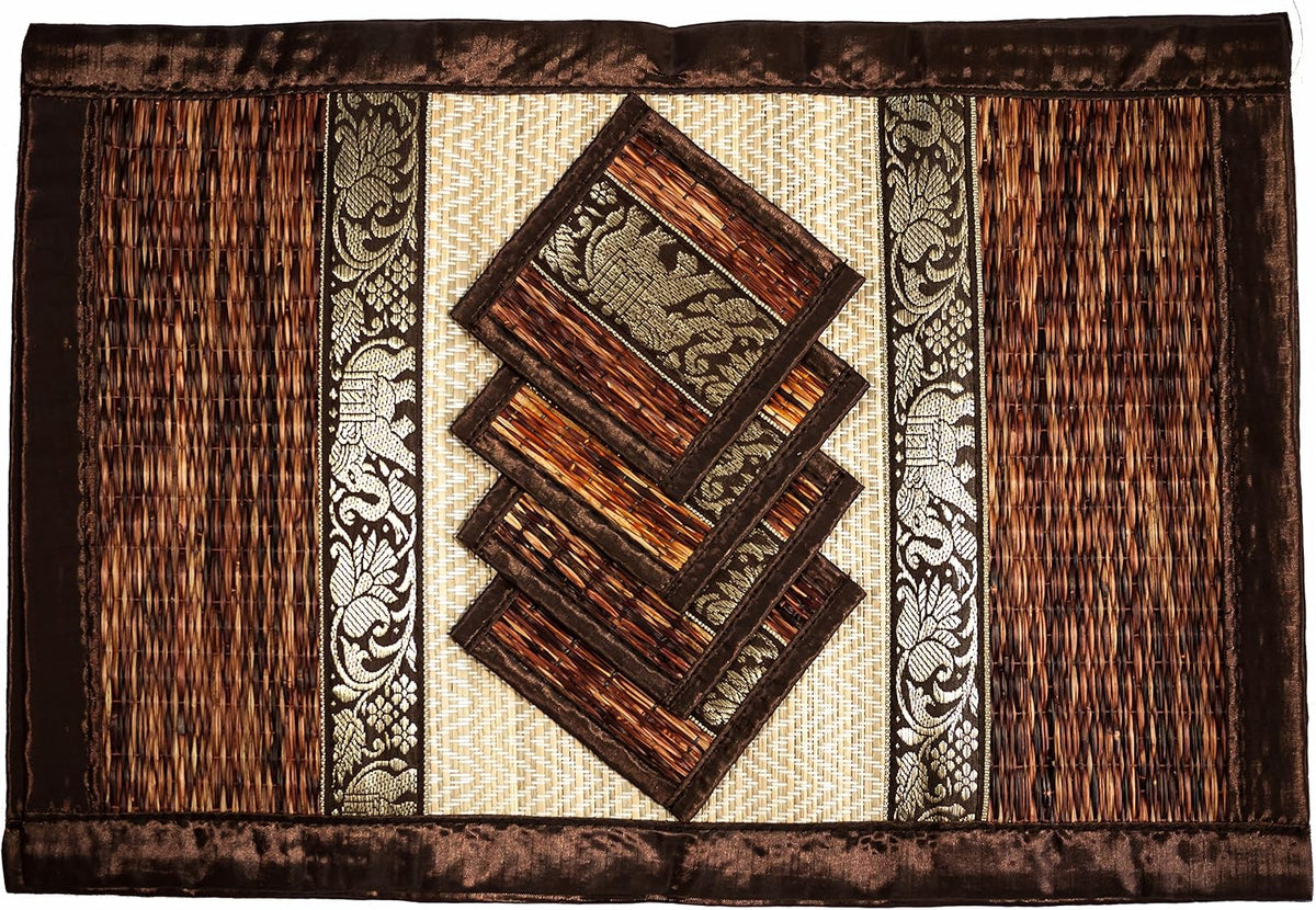 Hand-Woven Wicker Reed Placemats Coaster Set Alternative to Plastic Heat Resistant + Eco-Friendly Thai Style Durable Placemats, Available in 3 Different Sizes for Dining Table Set of 4
