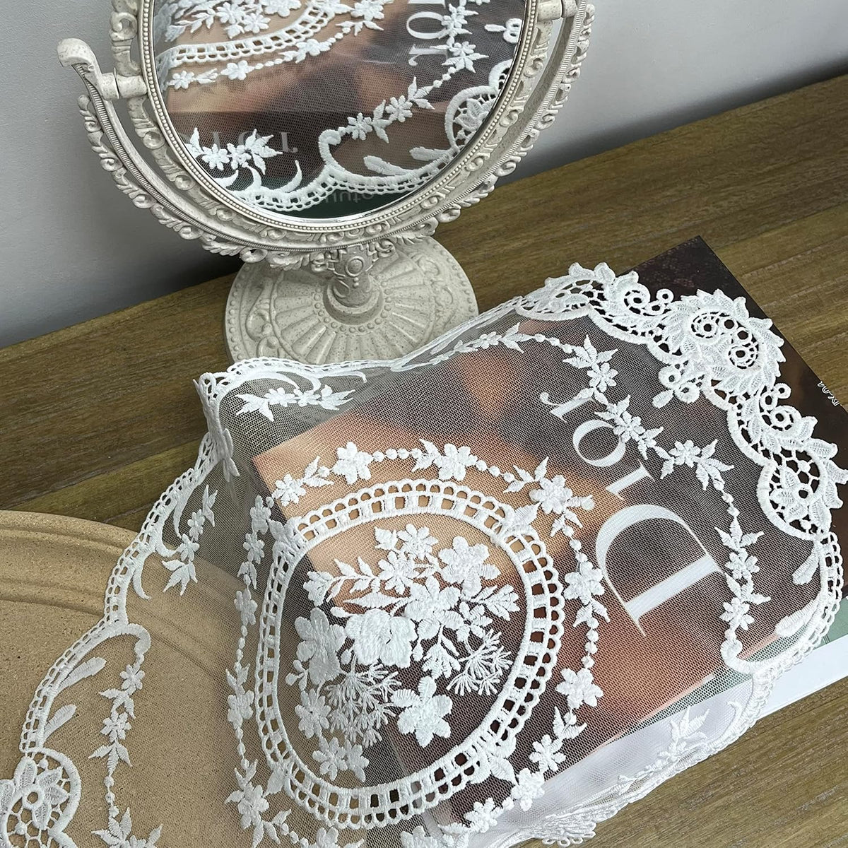 2PACK Retro French Style Lace Placemats Farmhouse Lace Doilies Embroidered Cup Mat vase mat 16.5”x11.6”,White (2)