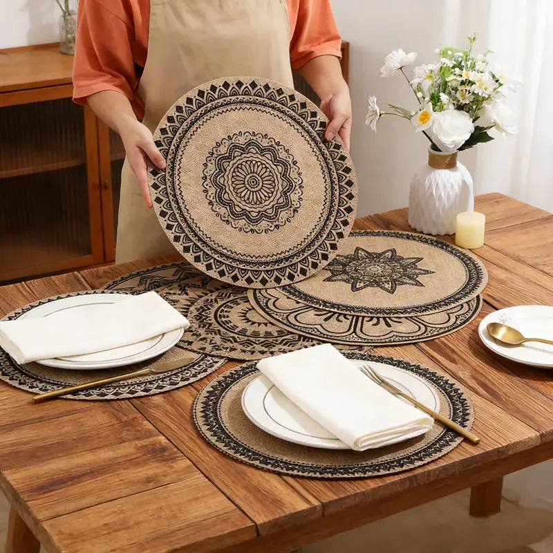 Bohemian Jute Print Round Non-Woven Fabric Table Placemats Set of 6 (15in) - Black PS Plastic-Linen Boho Placemats, Recyclable Machine-Washable Low-Fuss Home Supplies, Compact Storage French Country Decor