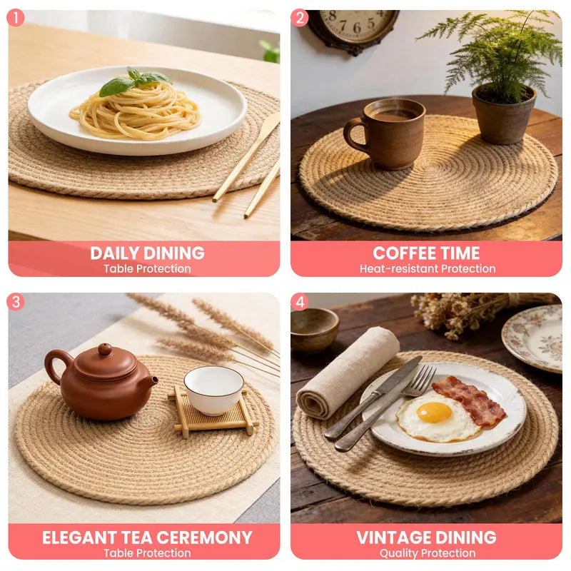 Handmade Round Boho Rattan Placemats Set of 8 - 12in Natural Braided Tableware with Handmade Texture, Heat Buffer Layer, Heat-Resistant, Eco-Friendly Round & Rustic Placemats & Coasters with Boho Braided Look for Kitchen, Patio Dining Tables