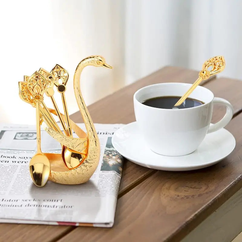 4.8 in Coffee Spoon Set With Holder, Swan Spoon And Fork Holder, Gold Durable Spoons Coffee Station Storage Organizer For Home Kitchen Christmas Universal Gift