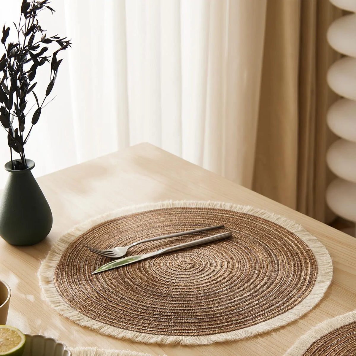 Round Boho Style Raffia Rope Placemat, 4 Counts/set Washable Table Mat, Coffee Table Mat, Decorative Place Mat, Boho Placemats Set for Home Kitchen Dining Room