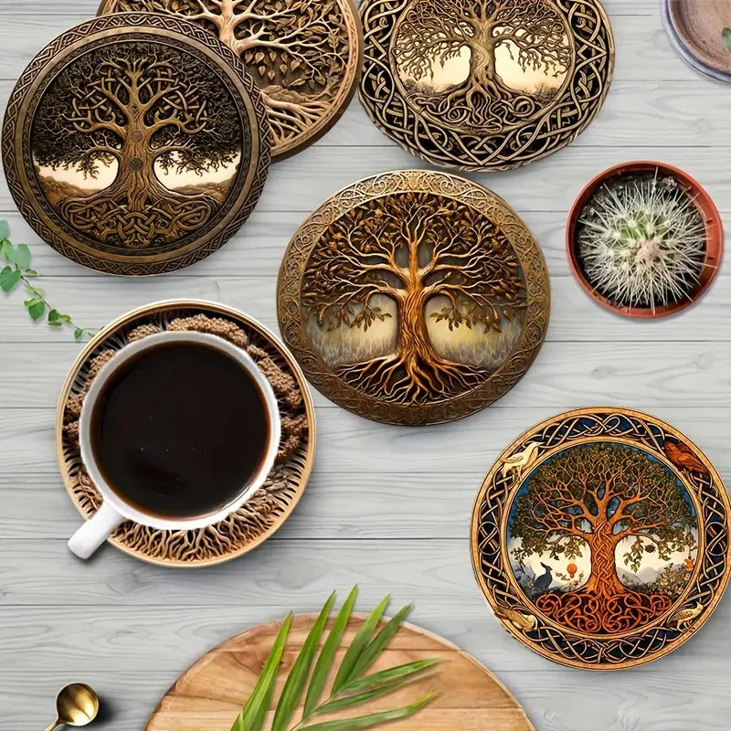 8 Pcs Tree of Life Coaster Set, Retro Carved Wooden Style Aesthetic Decorative Coaster Tableware Dinnerware Drink Mats Coasters for Drinks, Heatproof Cup Pads with Exquisite Pattern, Non-Slip Coasters for Coffee Cups, Tea Cups, Mugs Tabletop Protection