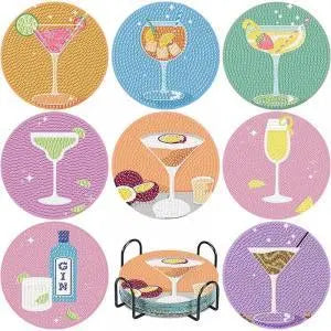 8-Pcs 5D Diamond Art Coasters DIY Kit - Retro Cup & Cocktail Coasters with Holder, Tray & Tableware for Adult Crafters, Countertops Gift Option, Cup Coasters