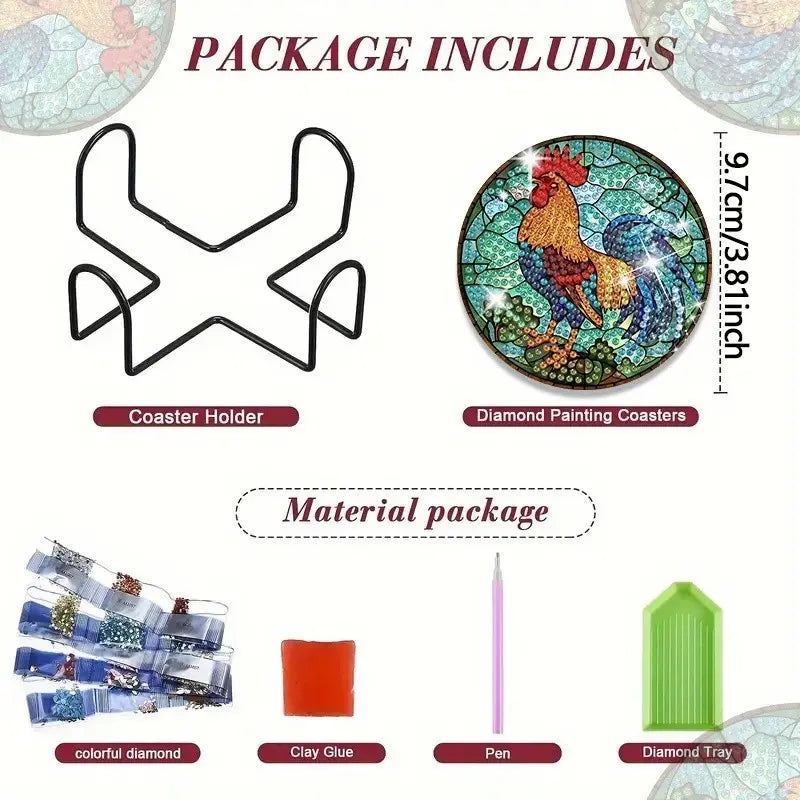 8 Piece Chicken Pattern Diamond Painting Coaster Set with Stand, Coffee Table Mat, Household Placemat, DIY Art Craft Kit for Beginners, Coasters For Drinks, Elegant Home Decor Gift