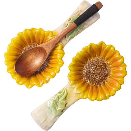 Set of 2 Sunflower Shape Ceramic Spoon Rests - Kitchen Accessories for Stove Top, Counter, Cutlery, Ladle, Spatula, Home Decor, House Warming Birthday Gift, Set Of Two