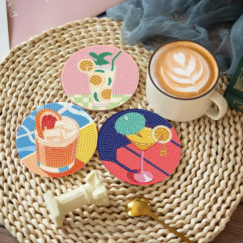 8-Pcs 5D Diamond Art Coasters DIY Kit - Retro Cup & Cocktail Coasters with Holder, Tray & Tableware for Adult Crafters, Countertops Gift Option, Cup Coasters