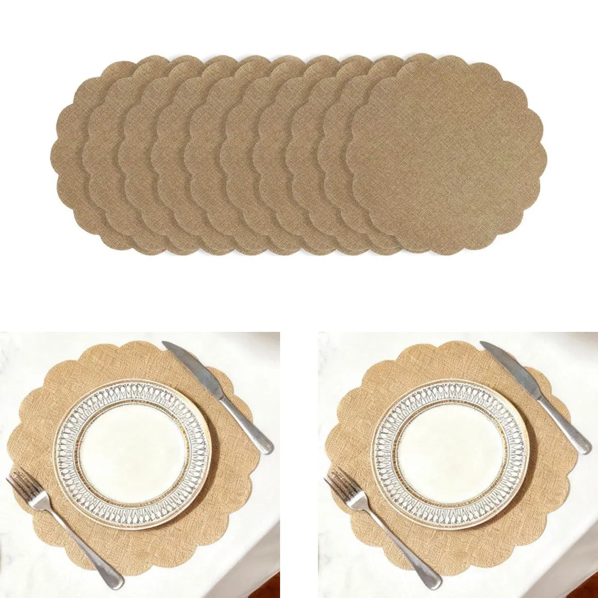 12pc Round Floral Jute Table Mats, 12.99 Inch Rustic Linen Placemats, Household Placemat, Kitchen Decorative Placemat, Bulk Farmhouse Decor, Wedding Mat, Boho Style, Boho Placemats Set, Floral Pattern Placemat, Reusable
