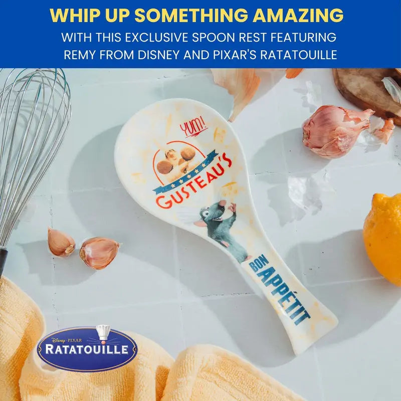 Disney Pixar Ratatouille Icon Collage "Bon Appetit" Ceramic Spoon Rest Holder, Microwave-Safe Kitchen Helper for Spoons, Ladles, Cutlery, Utensils