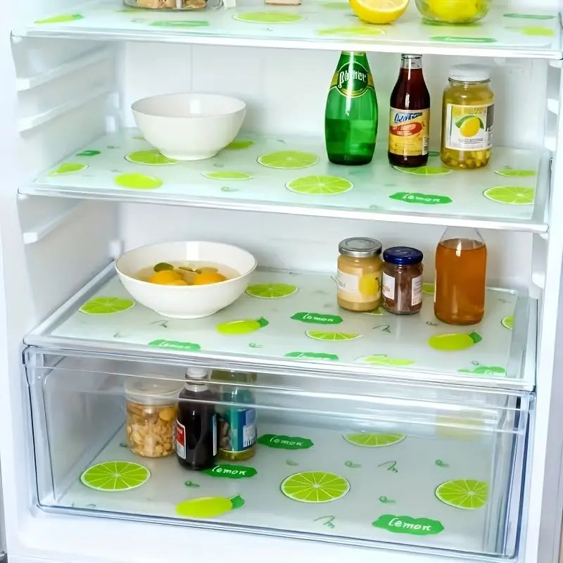 4pcs Thick Kitchen Refrigerator Mats, Washable, Cuttable, Oil-Resistant, Easy to Clean, Durable Non-Slip, Vibrant Lemon Pattern, for Fridge, Shelves, Freezer, Cabinets