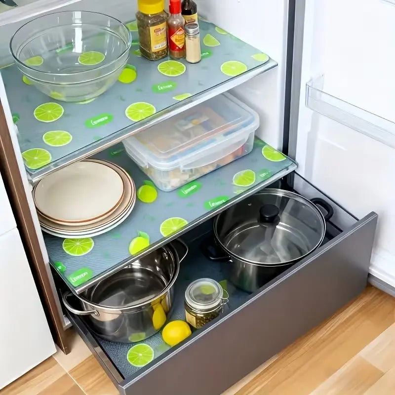 4pcs Thick Kitchen Refrigerator Mats, Washable, Cuttable, Oil-Resistant, Easy to Clean, Durable Non-Slip, Vibrant Lemon Pattern, for Fridge, Shelves, Freezer, Cabinets