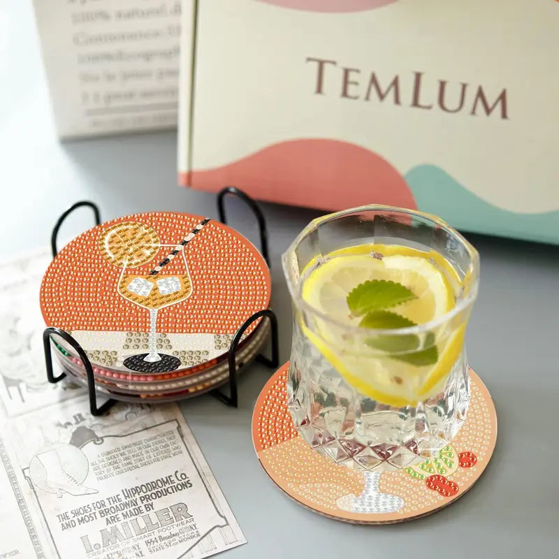 8-Pcs 5D Diamond Art Coasters DIY Kit - Retro Cup & Cocktail Coasters with Holder, Tray & Tableware for Adult Crafters, Countertops Gift Option, Cup Coasters
