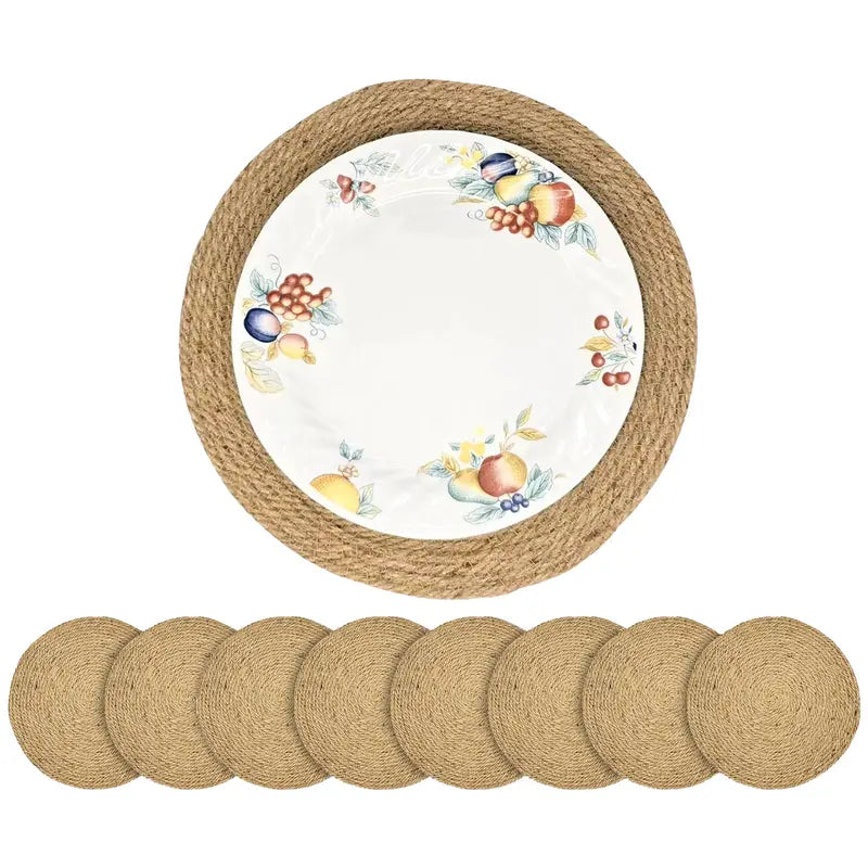 Handmade Round Boho Rattan Placemats Set of 8 - 12in Natural Braided Tableware with Handmade Texture, Heat Buffer Layer, Heat-Resistant, Eco-Friendly Round & Rustic Placemats & Coasters with Boho Braided Look for Kitchen, Patio Dining Tables