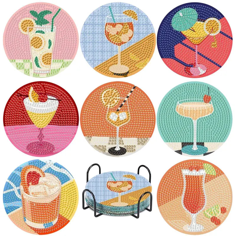 8-Pcs 5D Diamond Art Coasters DIY Kit - Retro Cup & Cocktail Coasters with Holder, Tray & Tableware for Adult Crafters, Countertops Gift Option, Cup Coasters