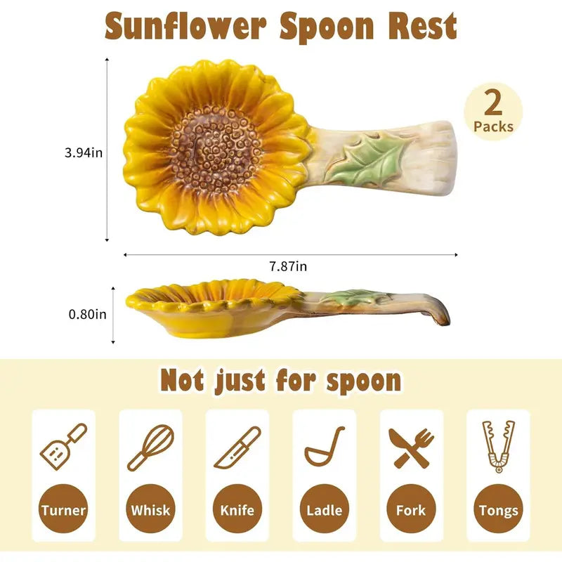 Set of 2 Sunflower Shape Ceramic Spoon Rests - Kitchen Accessories for Stove Top, Counter, Cutlery, Ladle, Spatula, Home Decor, House Warming Birthday Gift, Set Of Two