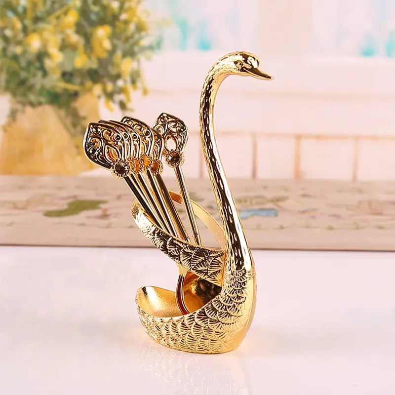 4.8 in Coffee Spoon Set With Holder, Swan Spoon And Fork Holder, Gold Durable Spoons Coffee Station Storage Organizer For Home Kitchen Christmas Universal Gift